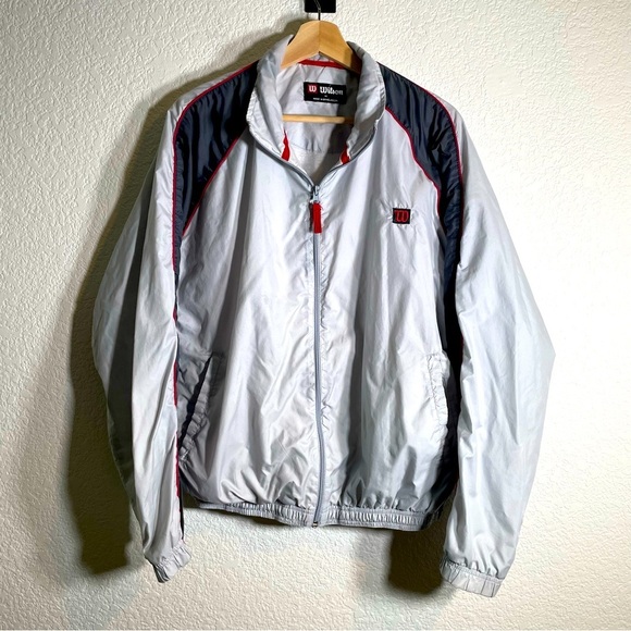 Wilson Windbreaker Jacket Size Medium Vintage Nylon Gray/Black Red Logo Tennis - Picture 1 of 10